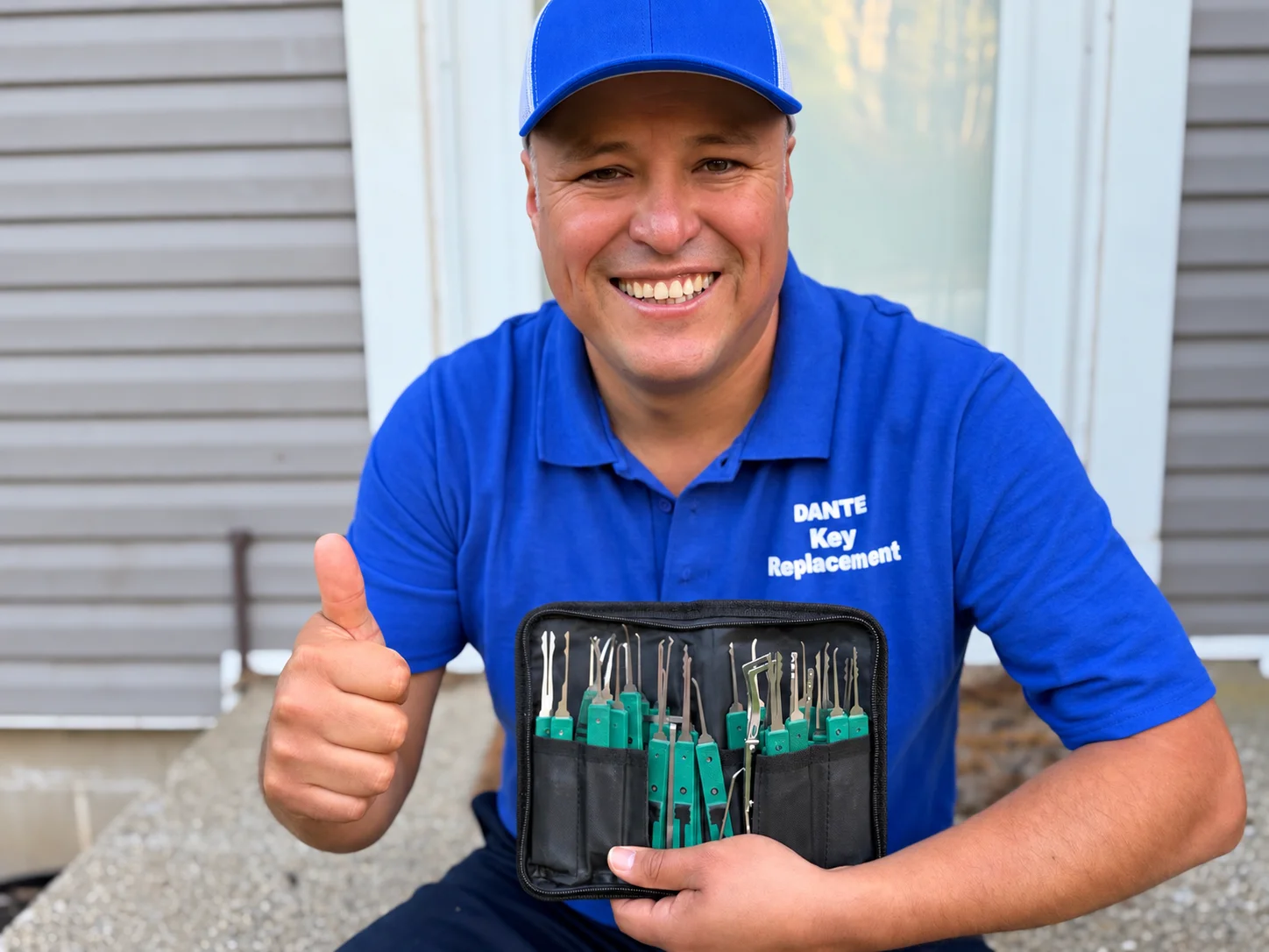 Dante giving a thumbs up while holding an open case of professional lock picks.
