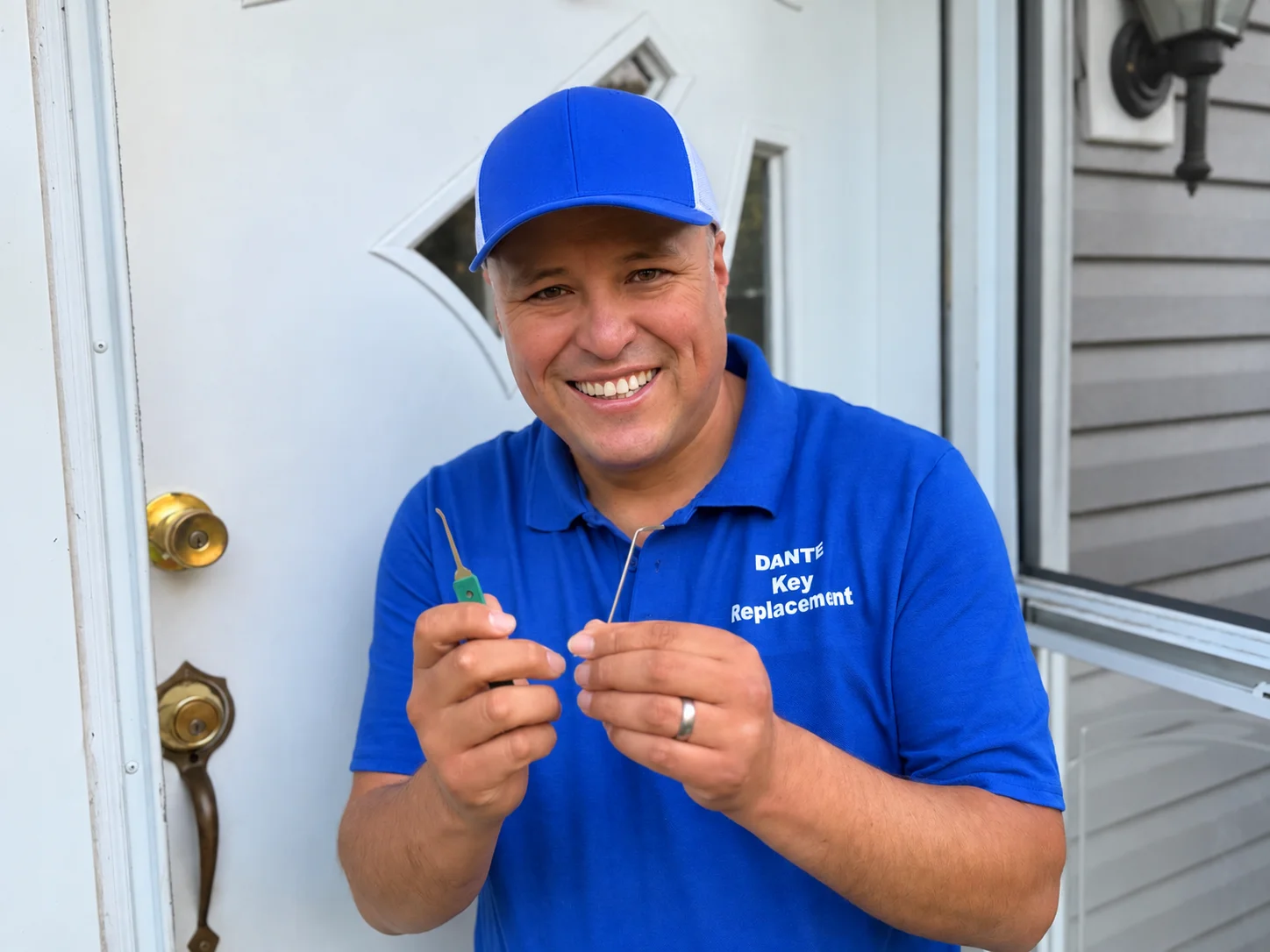 Dante at a residential front door holding a lock pick and a tension tool.