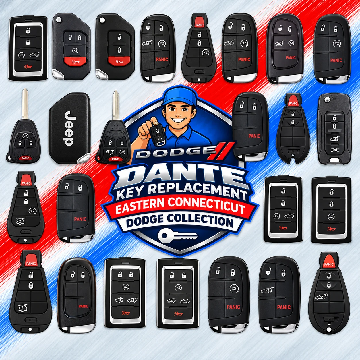 Dodge replacement key fob and proximity smart key remote programmed by Dante Key Replacement.