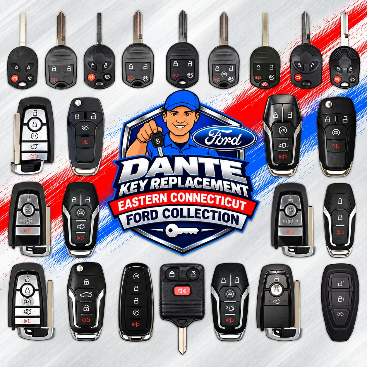 Ford transponder key and intelligent access key fob replacement.