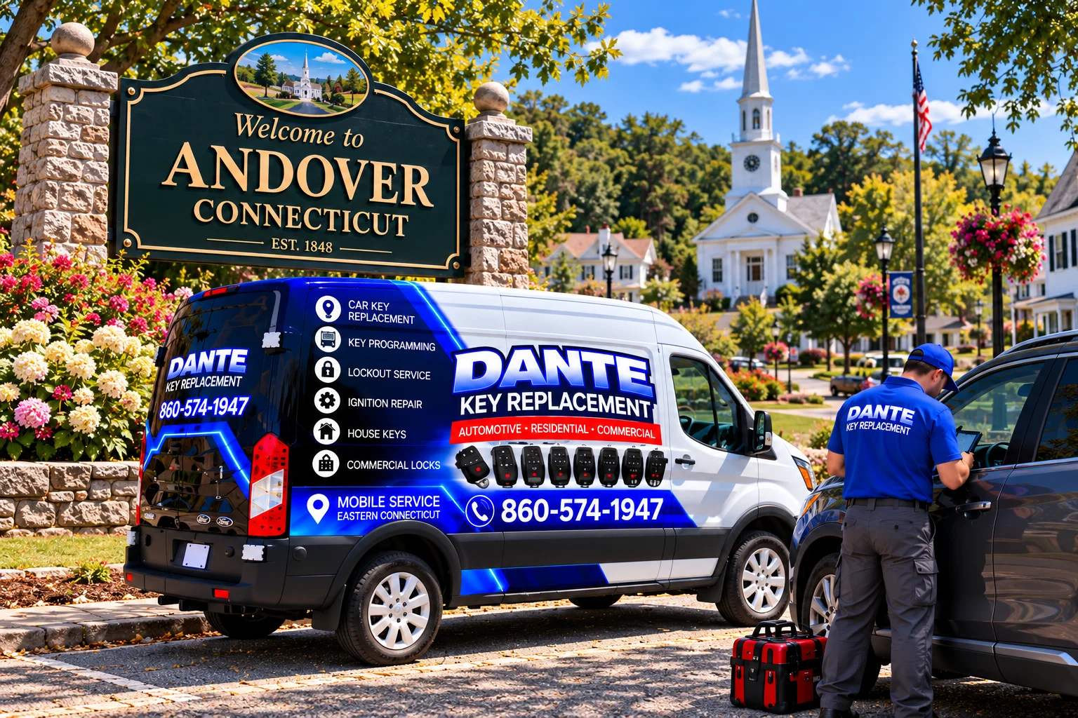 Mobile locksmith service van and equipment providing key replacement in Andover B9a3d7dd, Connecticut.