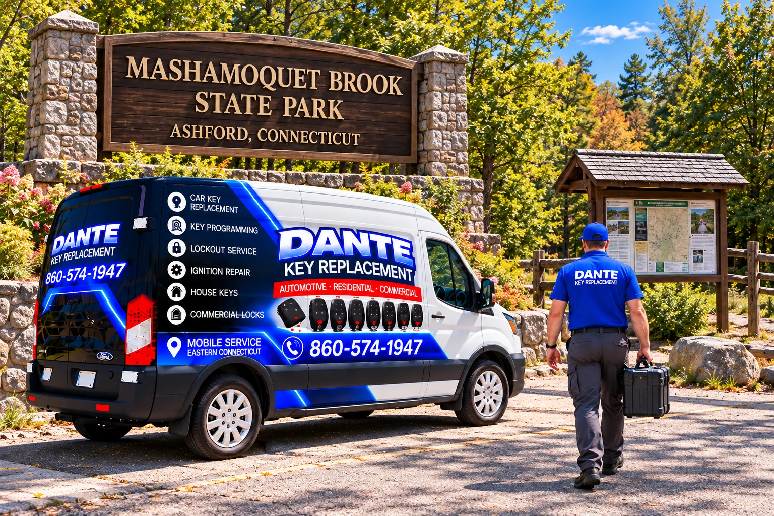 Mobile locksmith service van and equipment providing key replacement in Ashford 9bf255b8, Connecticut.