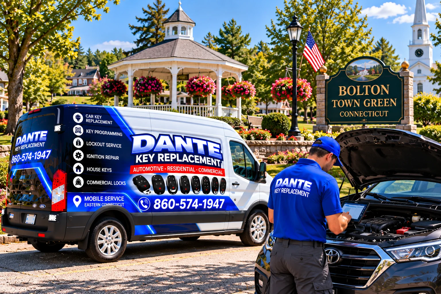 Mobile locksmith service van and equipment providing key replacement in Bolton 16a57190, Connecticut.