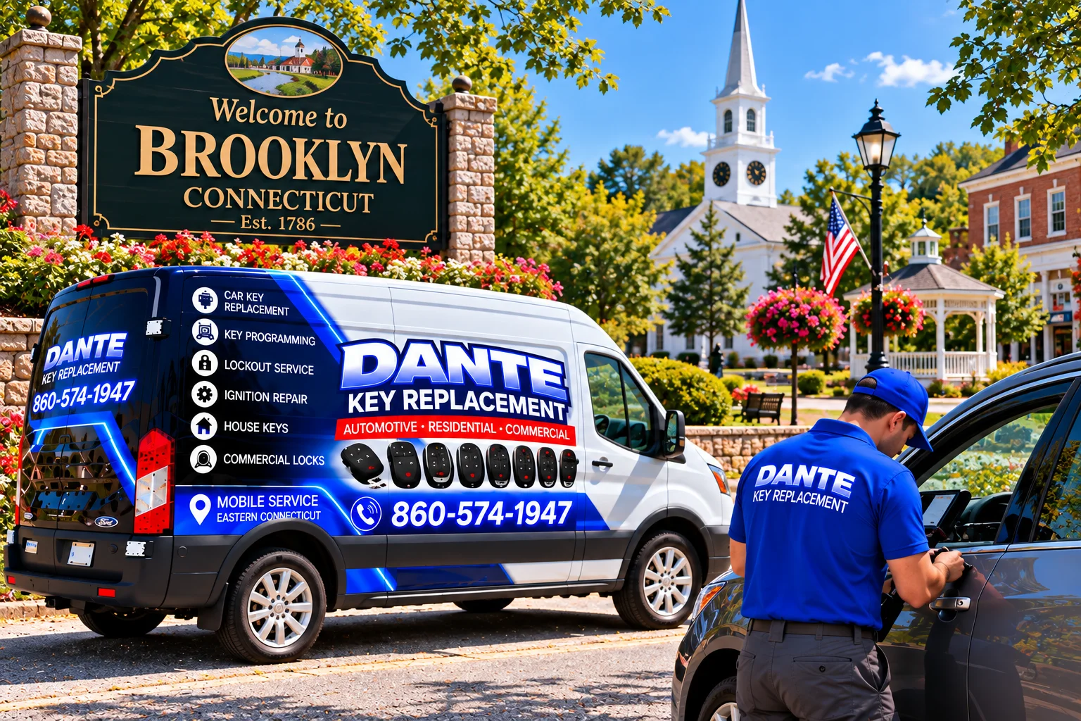 Mobile locksmith service van and equipment providing key replacement in Brooklyn E25ee007, Connecticut.