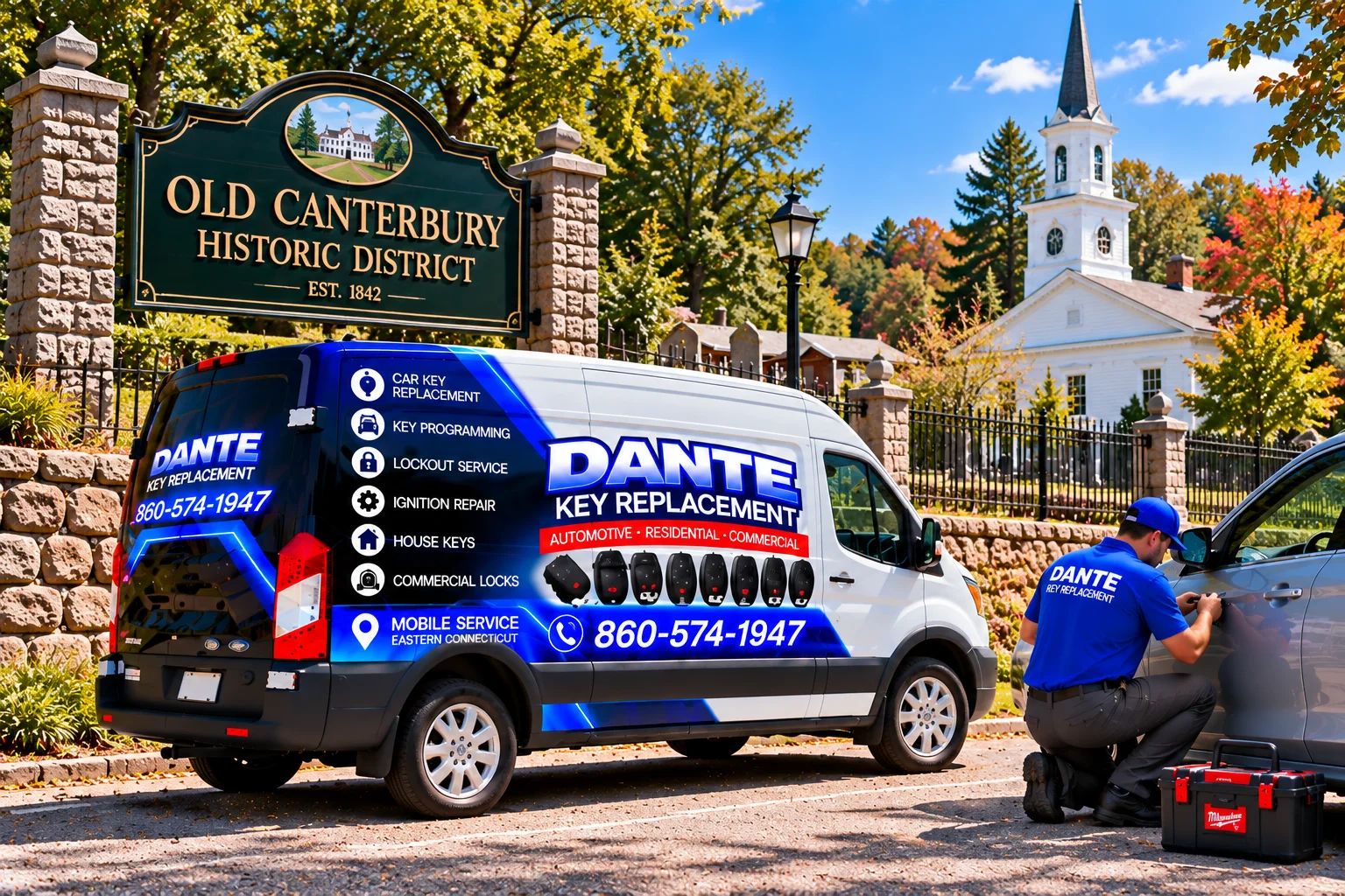 Mobile locksmith service van and equipment providing key replacement in Canterbury D0ae9b73, Connecticut.