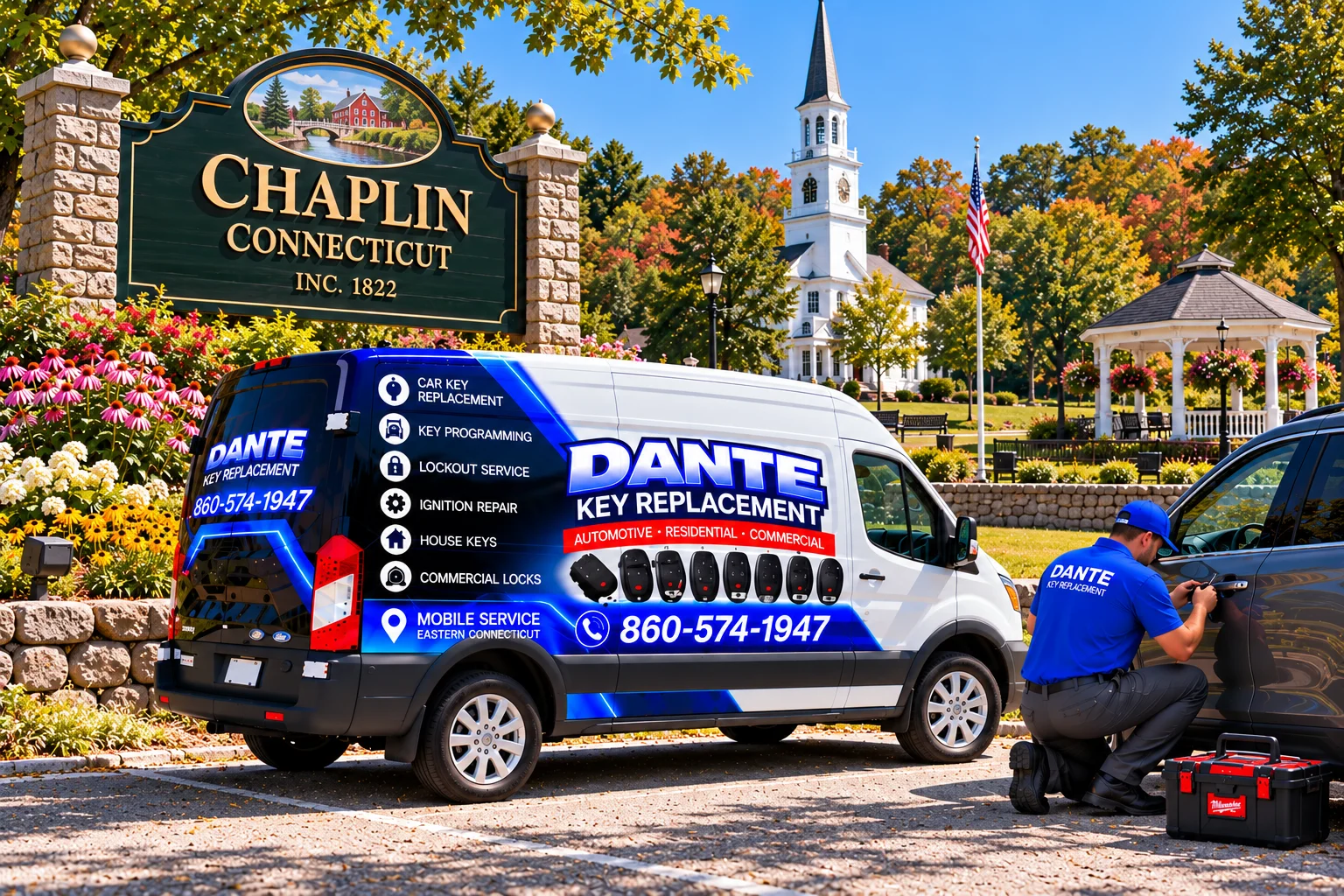 Mobile locksmith service van and equipment providing key replacement in Chaplin F79d6603, Connecticut.
