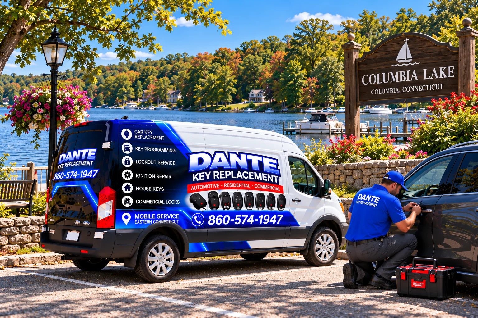 Mobile locksmith service van and equipment providing key replacement in Columbia 8ace94f1, Connecticut.