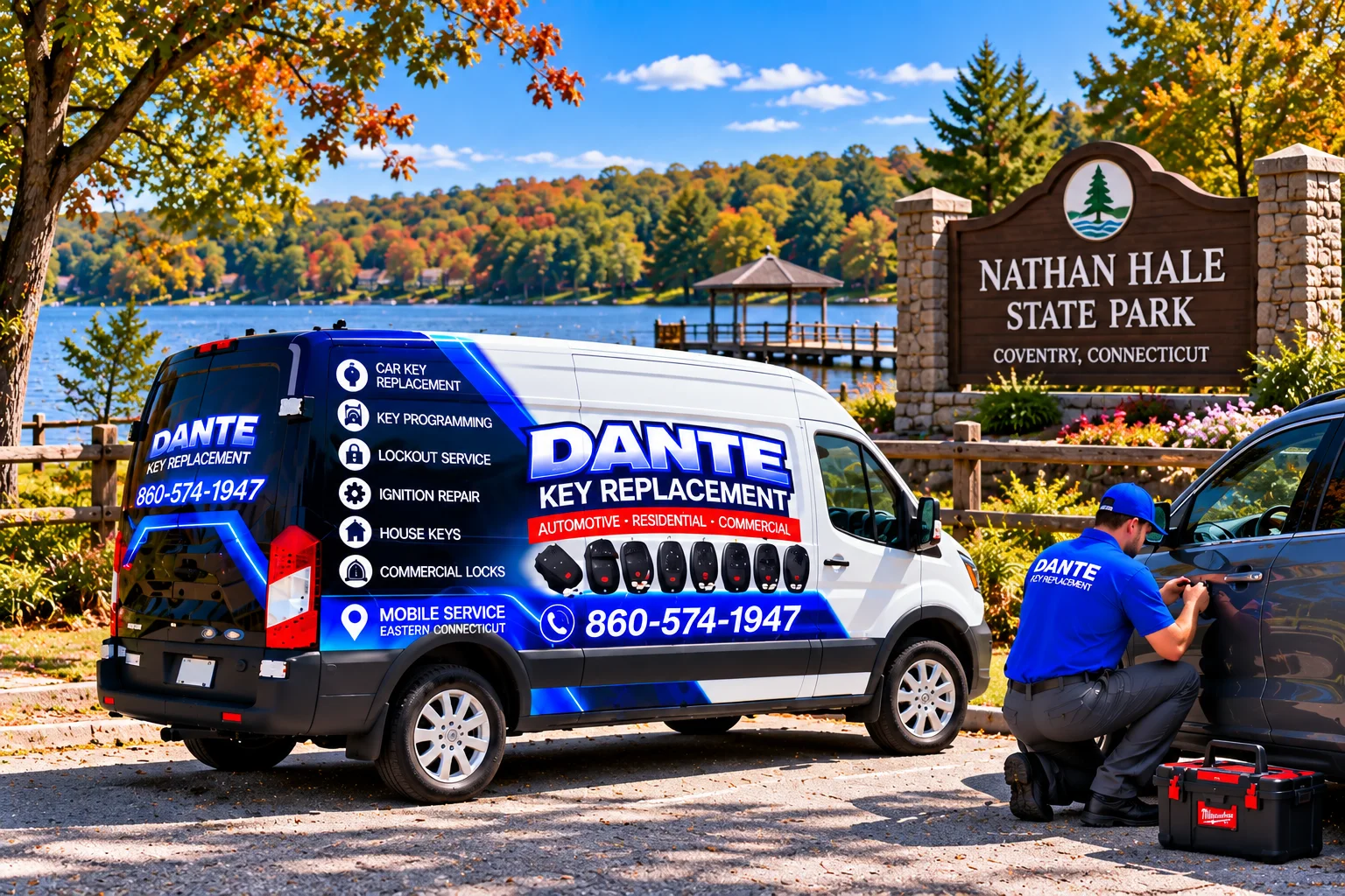 Mobile locksmith service van and equipment providing key replacement in Coventry D31bf928, Connecticut.