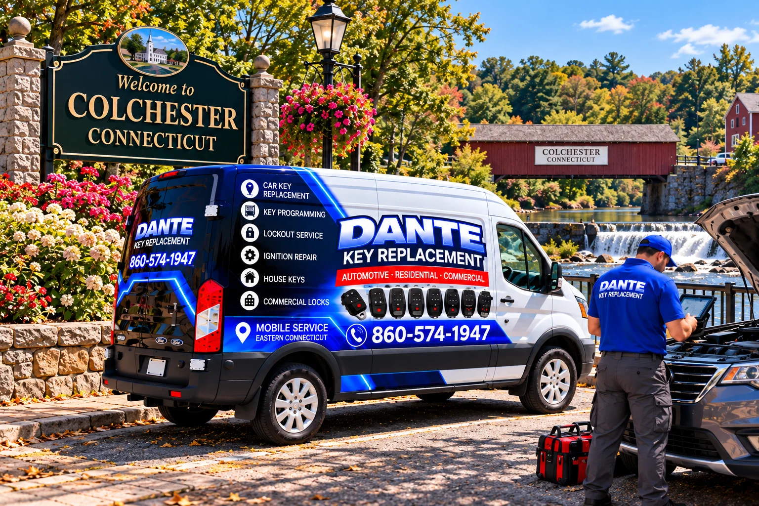 Mobile locksmith service van and equipment providing key replacement in Colchester Ct 31c0acd2, Connecticut.