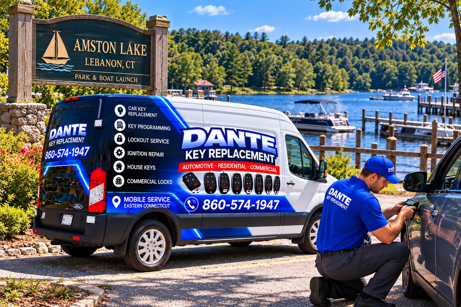 Mobile locksmith service van and equipment providing key replacement in Van Amston Lake Lebanon Ct 9e0abcdf, Connecticut.