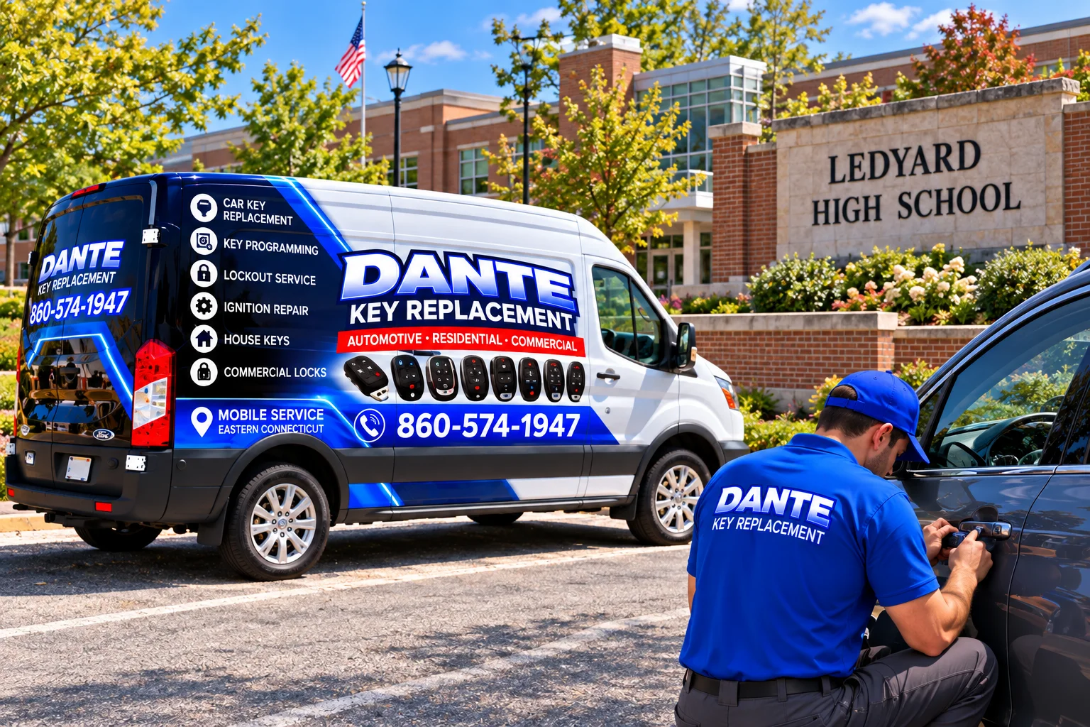 Mobile locksmith service van and equipment providing key replacement in Ledyard Ct Ddd105c2, Connecticut.