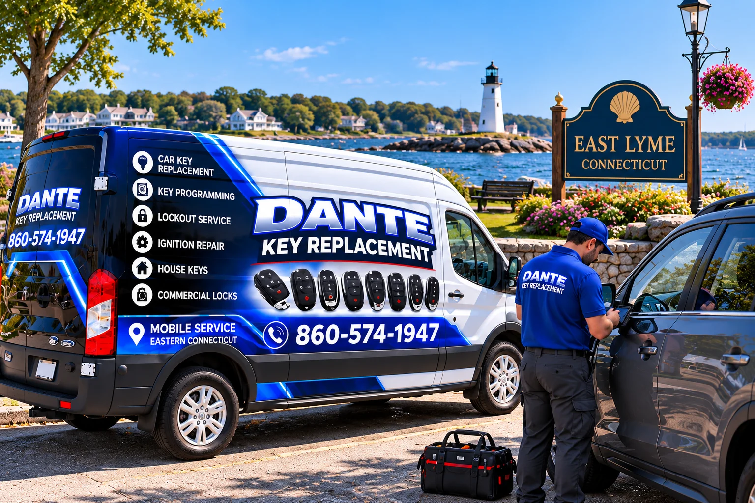 Mobile locksmith service van and equipment providing key replacement in East Lyme 6536ea98, Connecticut.