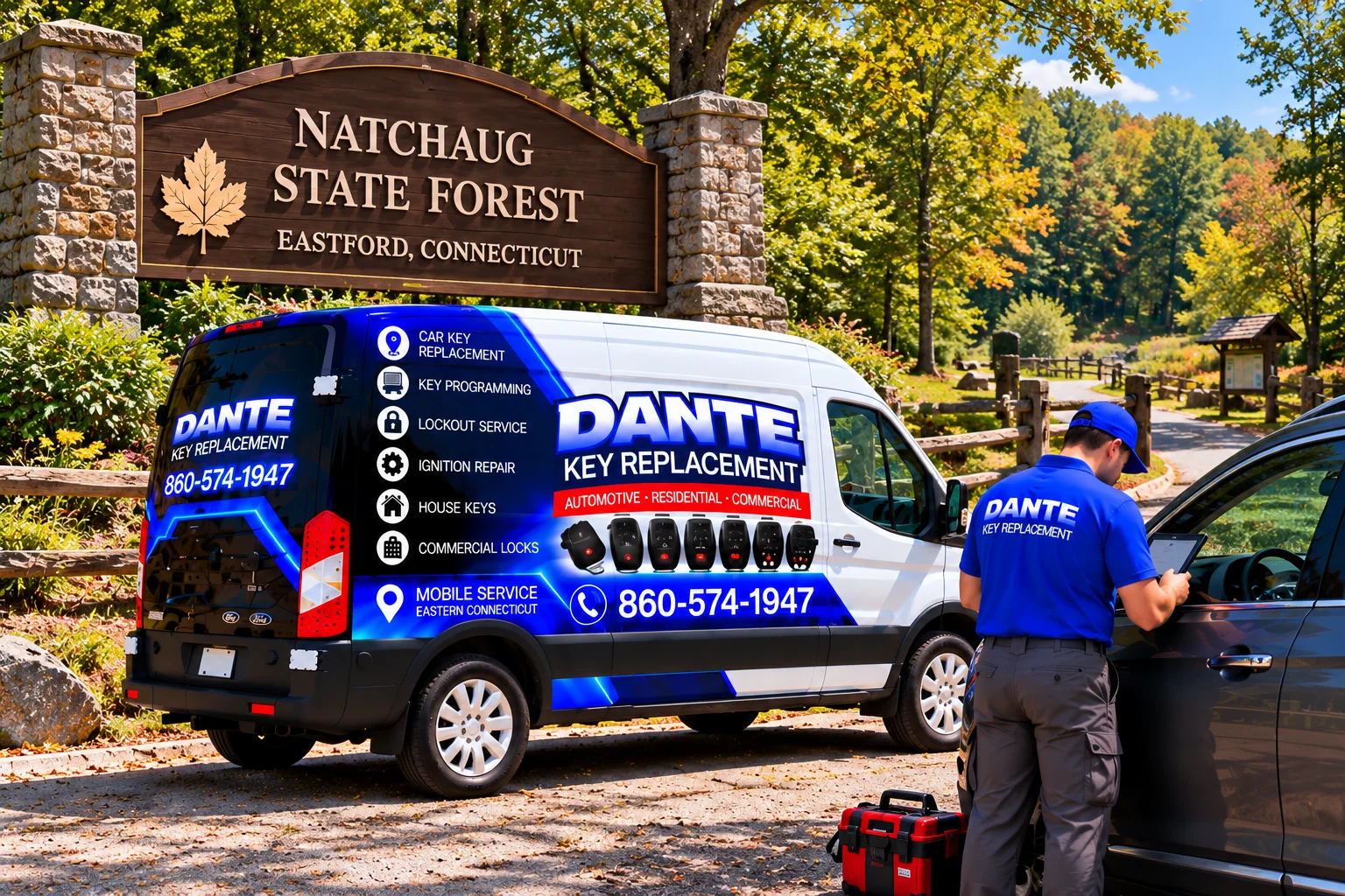 Mobile locksmith service van and equipment providing key replacement in Eastford 836b85e6, Connecticut.