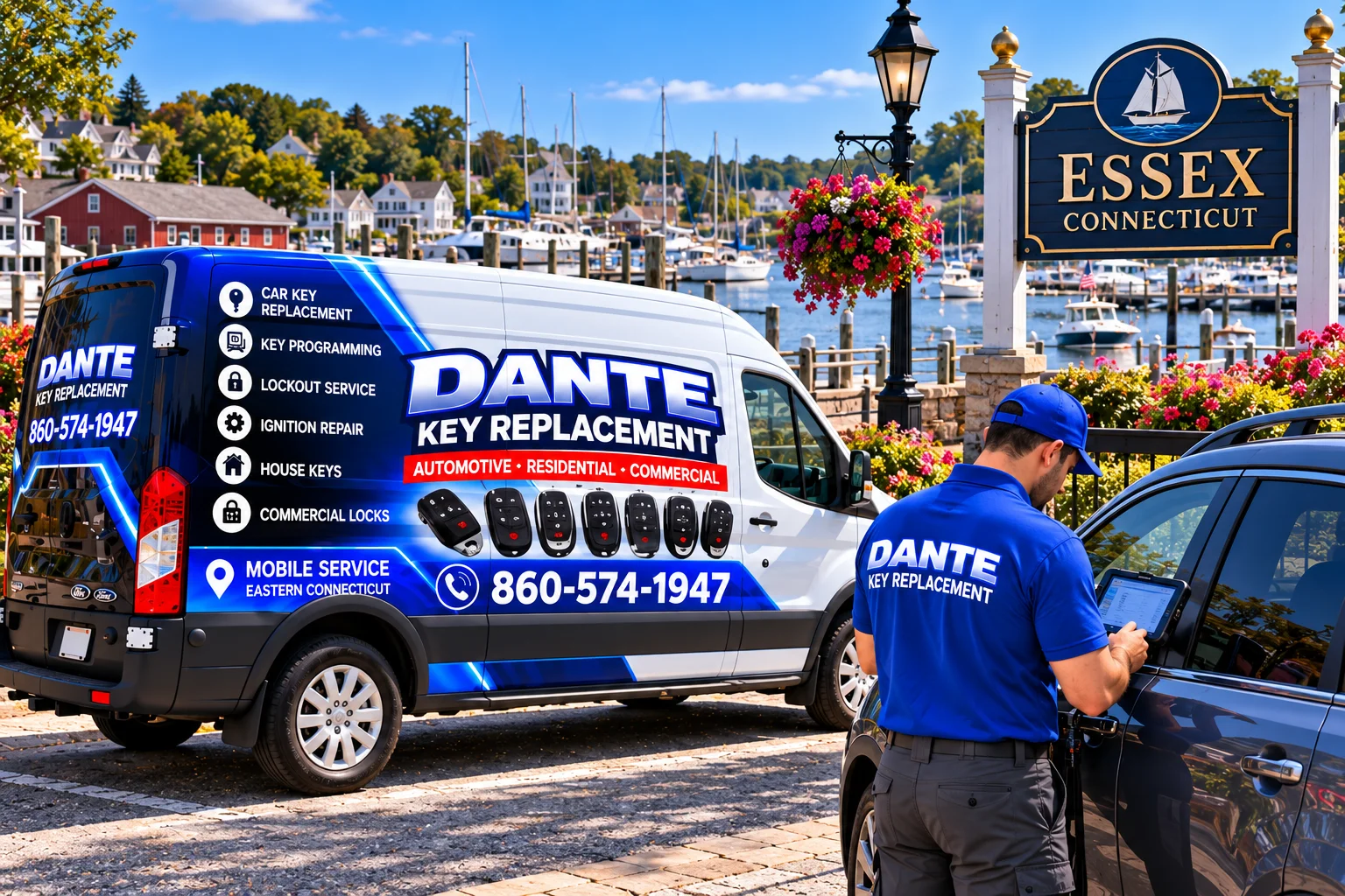 Mobile locksmith service van and equipment providing key replacement in Essex Bcbdb3b3, Connecticut.