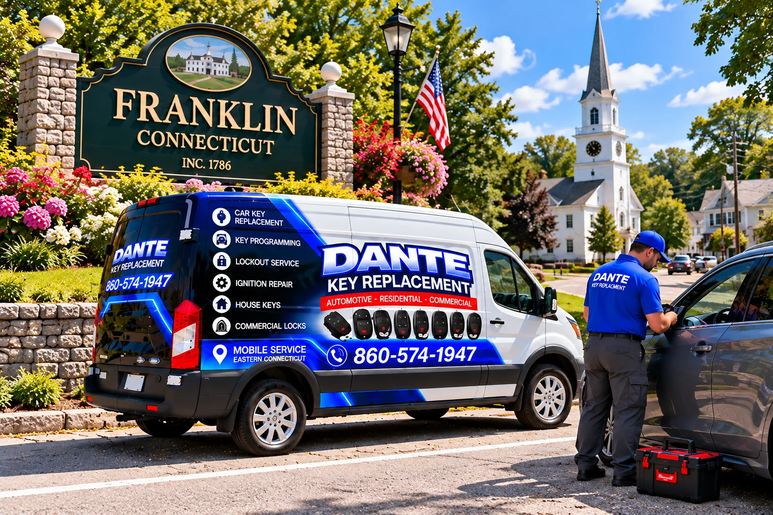 Mobile locksmith service van and equipment providing key replacement in Franklin 9f2b5081, Connecticut.