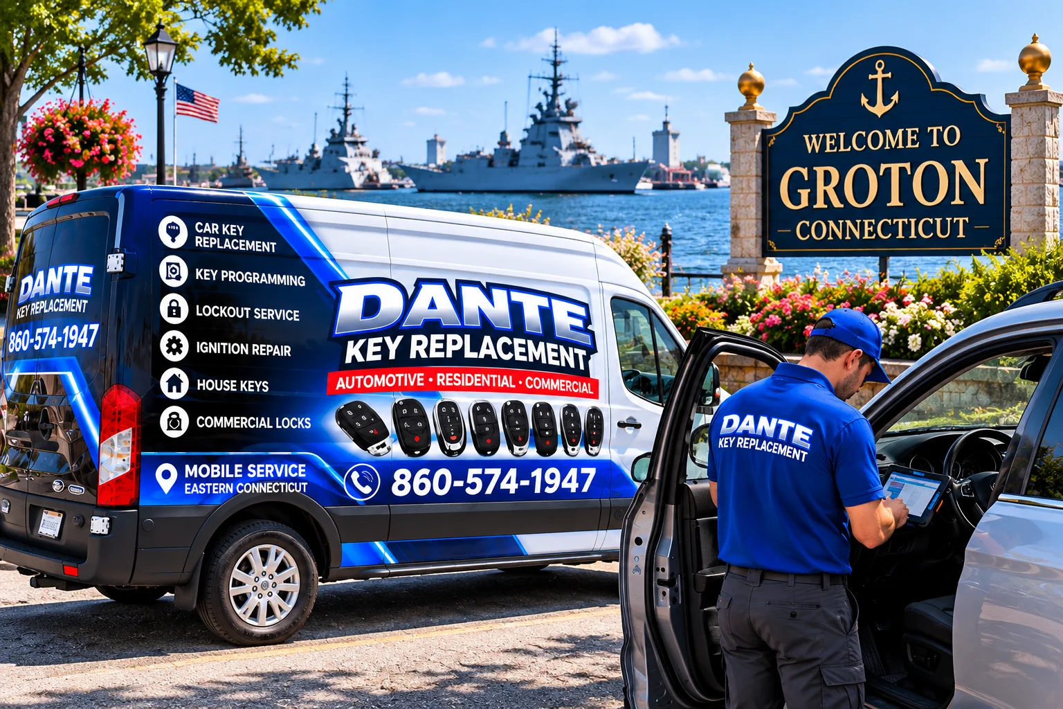 Mobile locksmith service van and equipment providing key replacement in Groton A9eebba9, Connecticut.