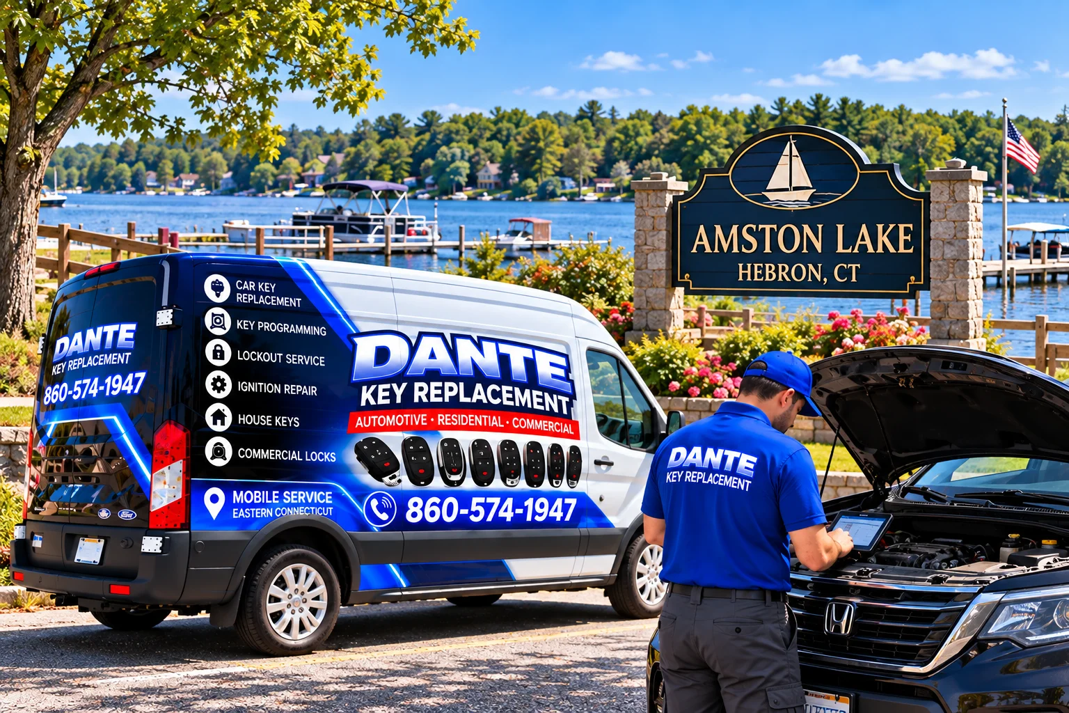 Mobile locksmith service van and equipment providing key replacement in Hebron 580a7a22, Connecticut.