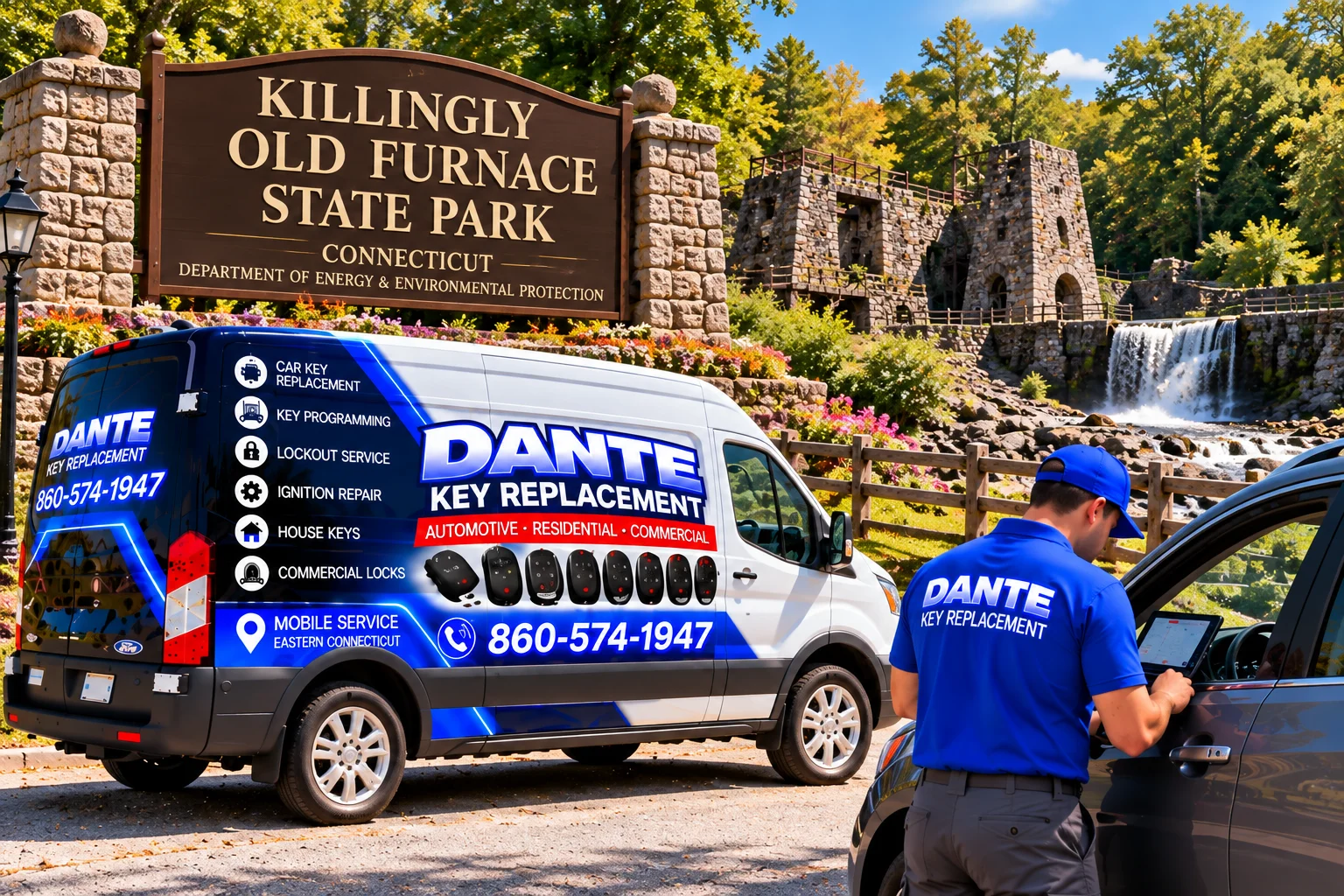 Mobile locksmith service van and equipment providing key replacement in Killingly Cbc2822a, Connecticut.