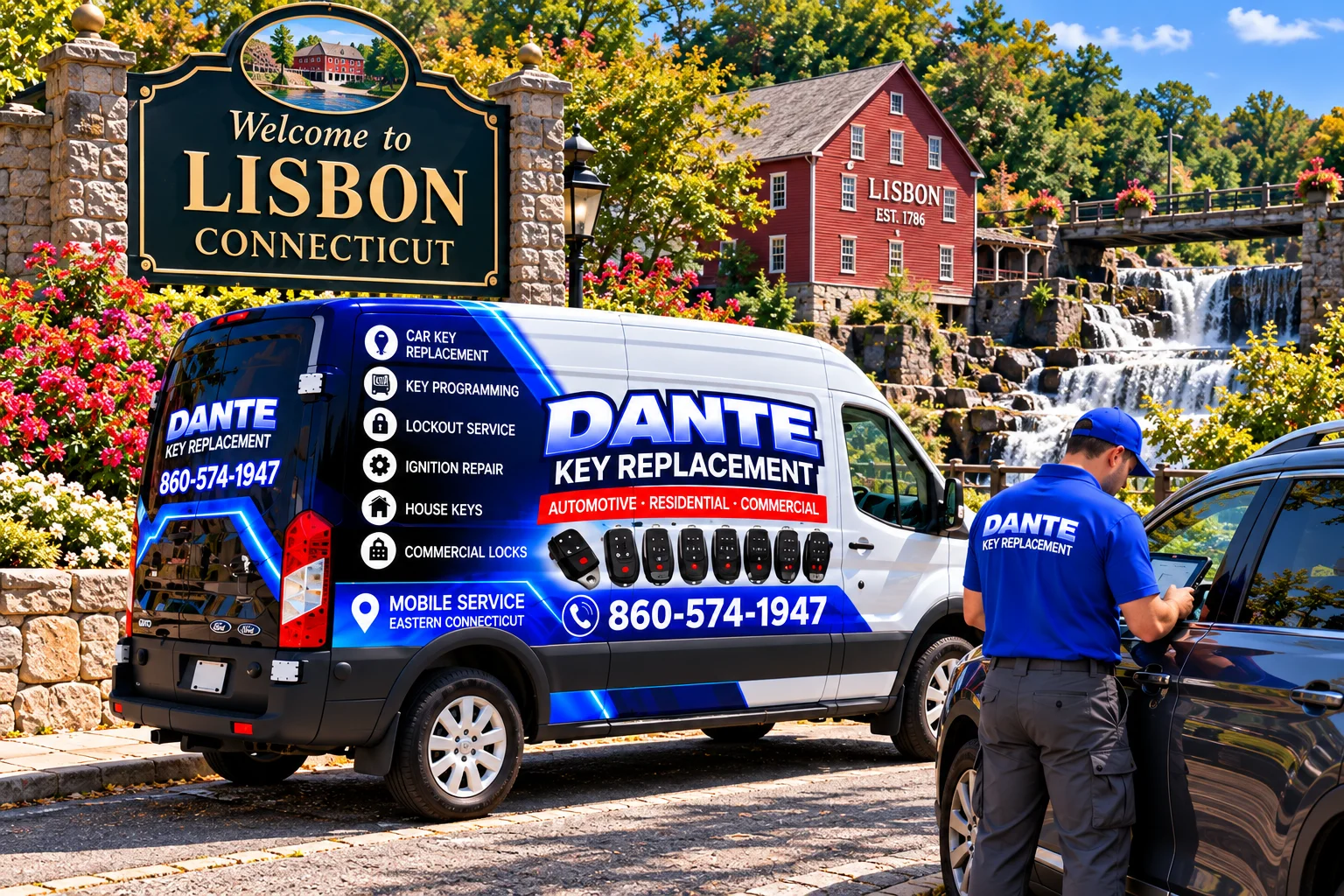 Mobile locksmith service van and equipment providing key replacement in Lisbon 32f38b9e, Connecticut.