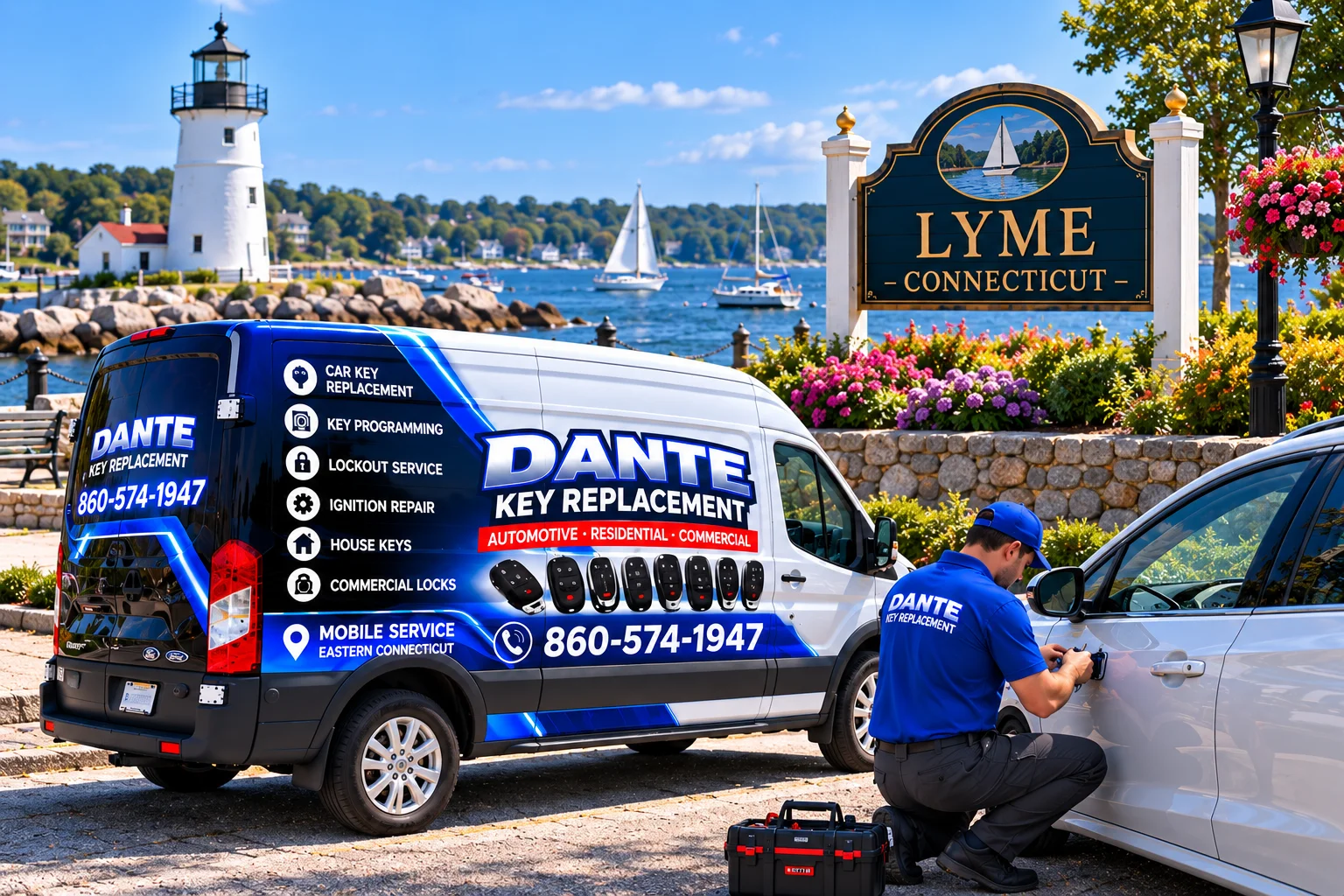 Mobile locksmith service van and equipment providing key replacement in Lyme Daffcddb, Connecticut.