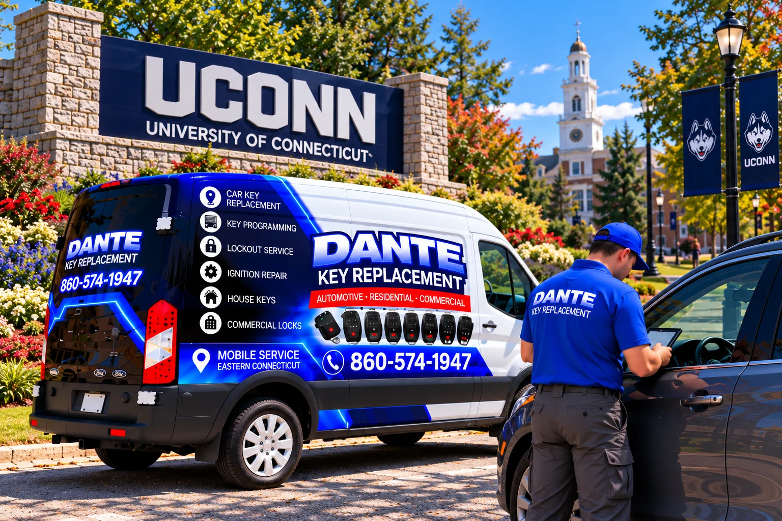 Mobile locksmith service van and equipment providing key replacement in Mansfield 286fe378, Connecticut.