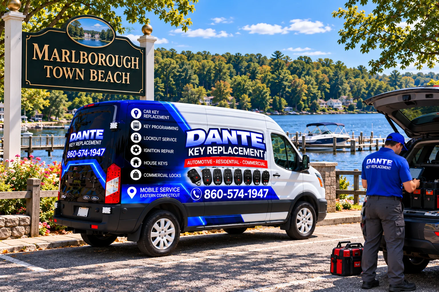 Mobile locksmith service van and equipment providing key replacement in Marlborough 00513204, Connecticut.