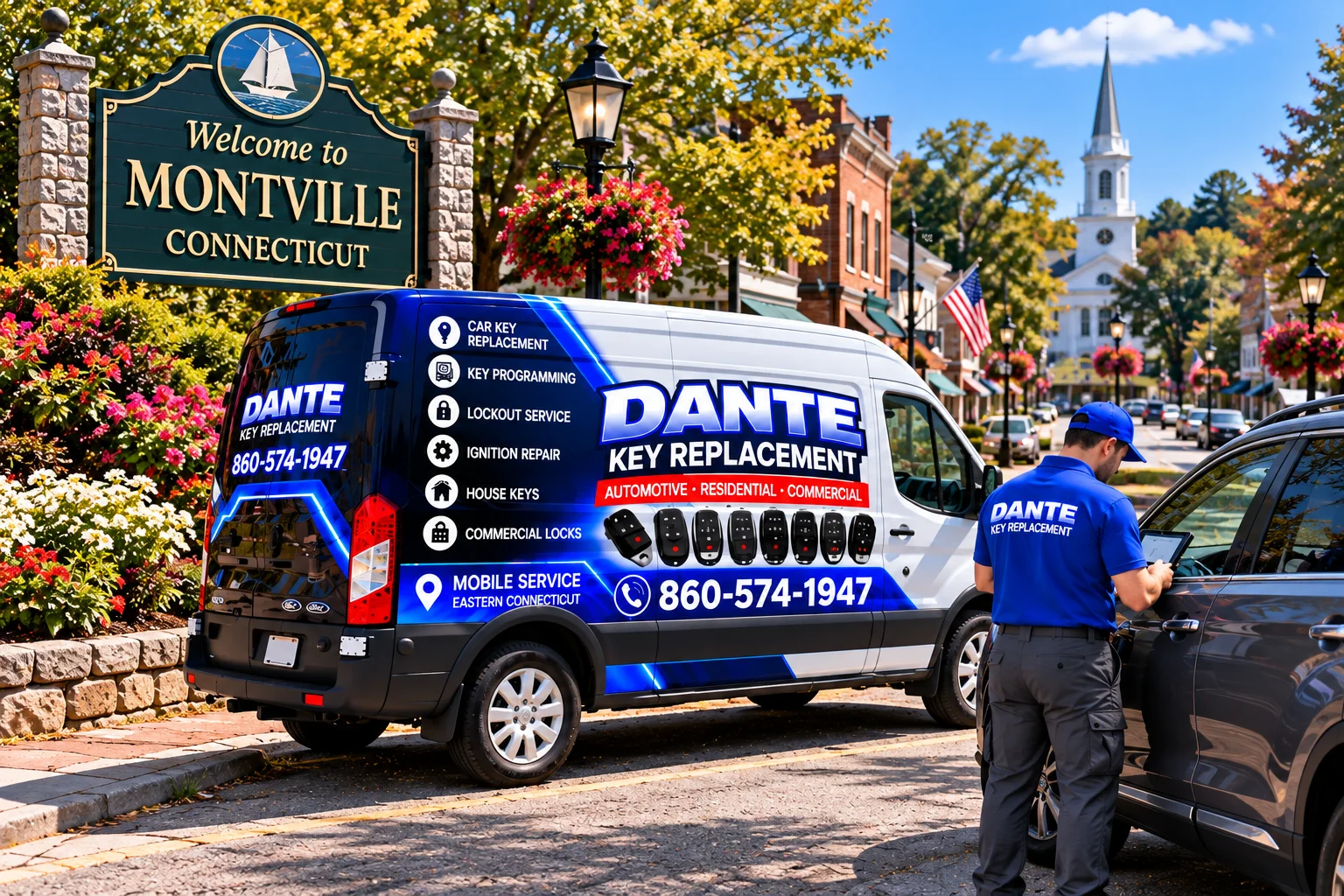 Mobile locksmith service van and equipment providing key replacement in Montville C0912f78, Connecticut.