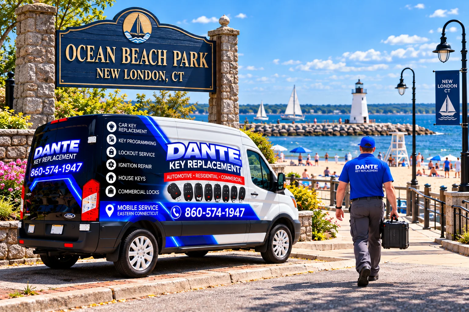 Mobile locksmith service van and equipment providing key replacement in New London Cda70f4c, Connecticut.