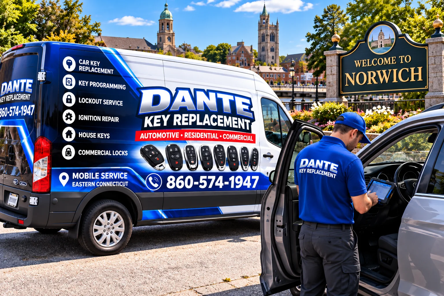 Mobile locksmith service van and equipment providing key replacement in Norwich 5c9953e4, Connecticut.