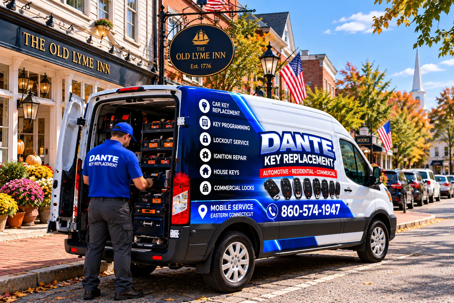 Mobile locksmith service van and equipment providing key replacement in Old Lyme 6454ac9a, Connecticut.
