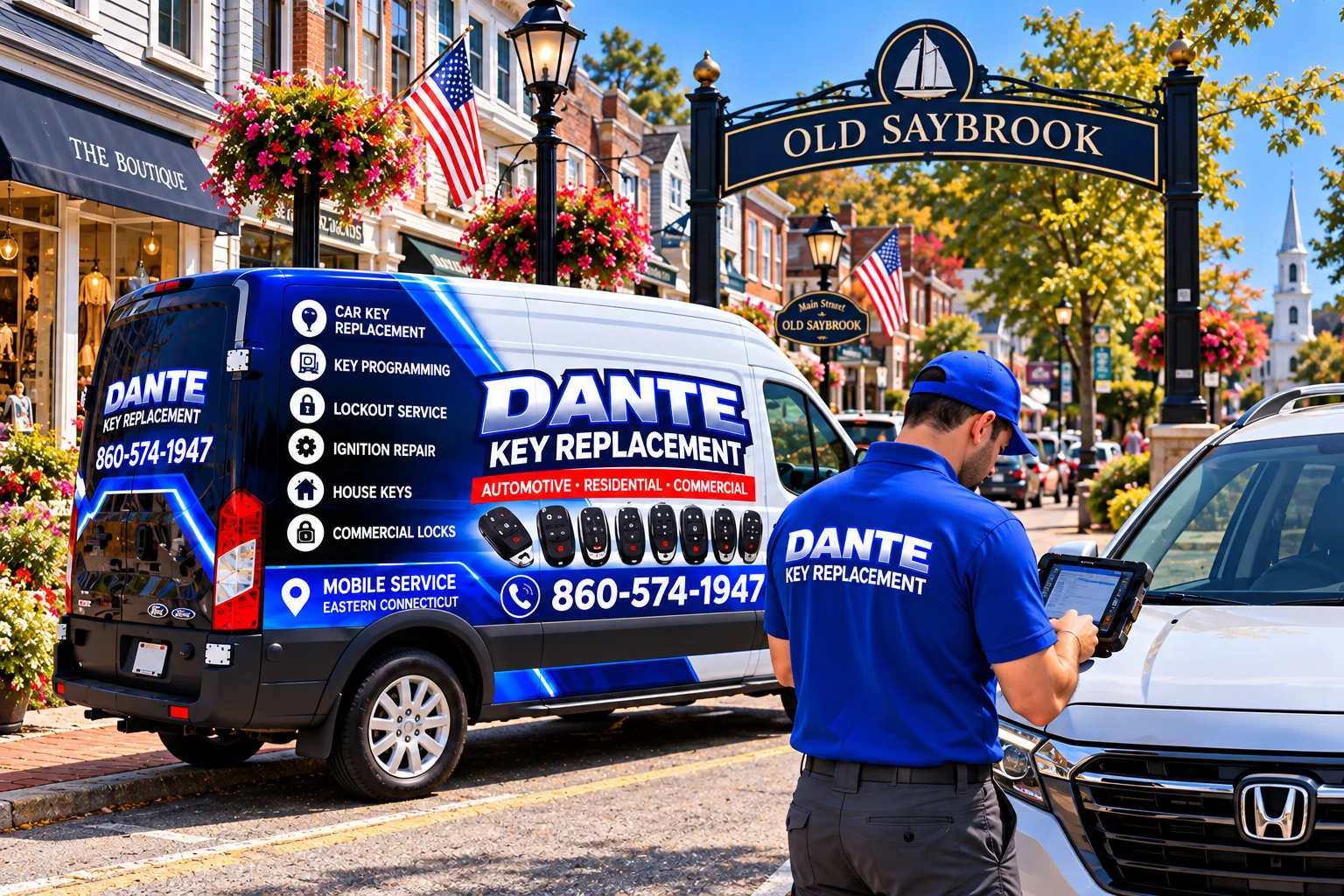 Mobile locksmith service van and equipment providing key replacement in Old Saybrook 02aa8b76, Connecticut.