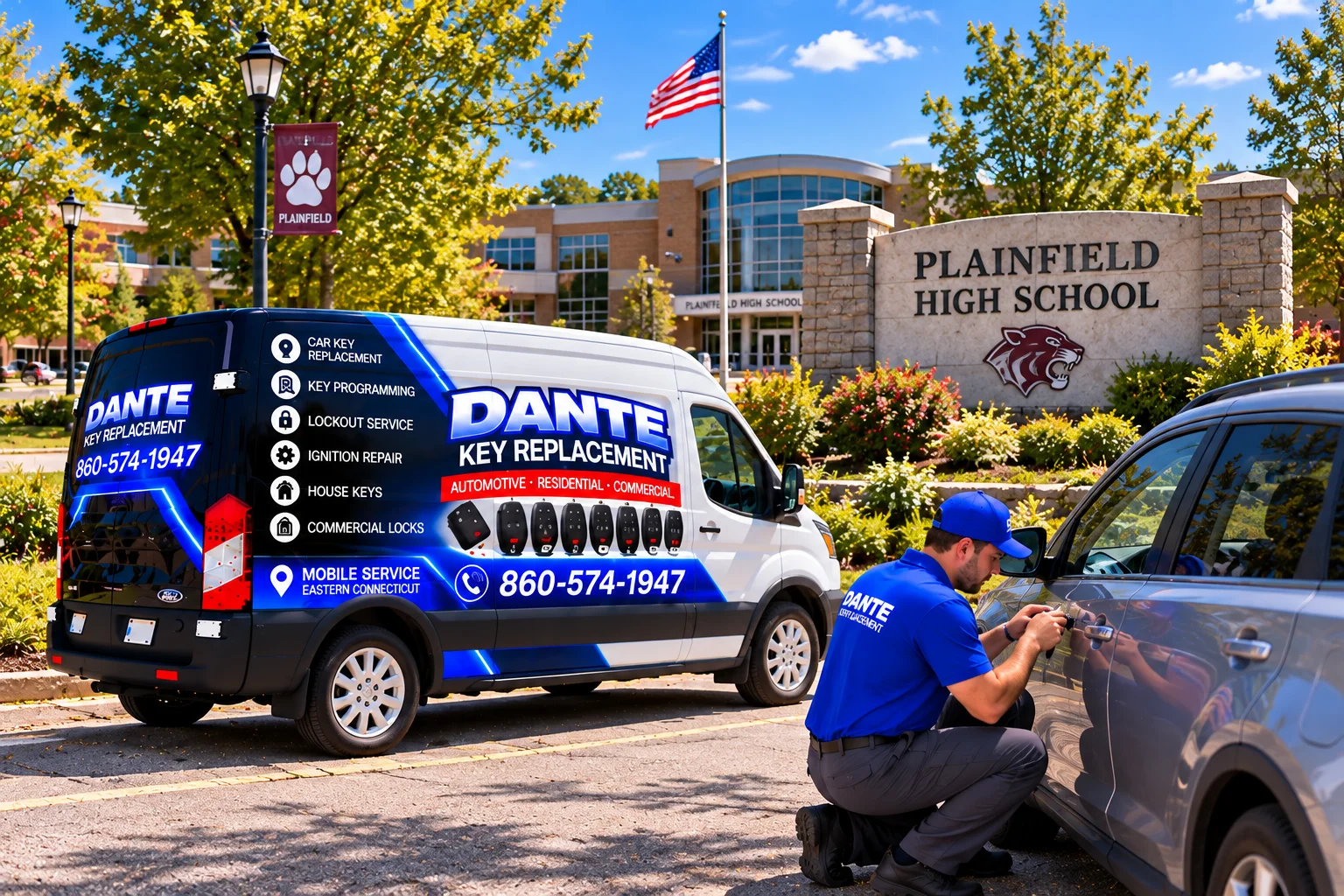 Mobile locksmith service van and equipment providing key replacement in Plainfield 3b863d13, Connecticut.