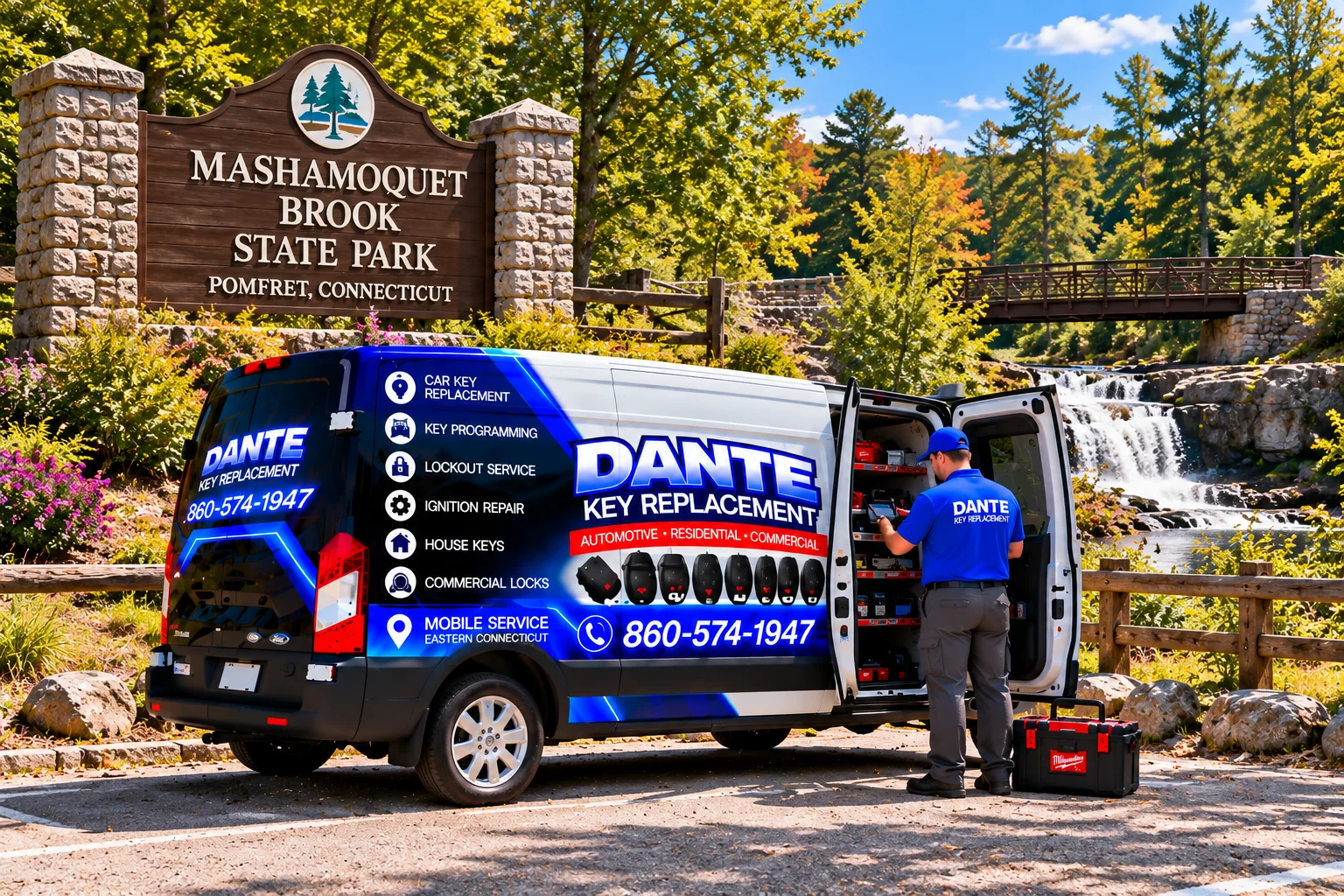 Mobile locksmith service van and equipment providing key replacement in Pomfret Fbadb70d, Connecticut.