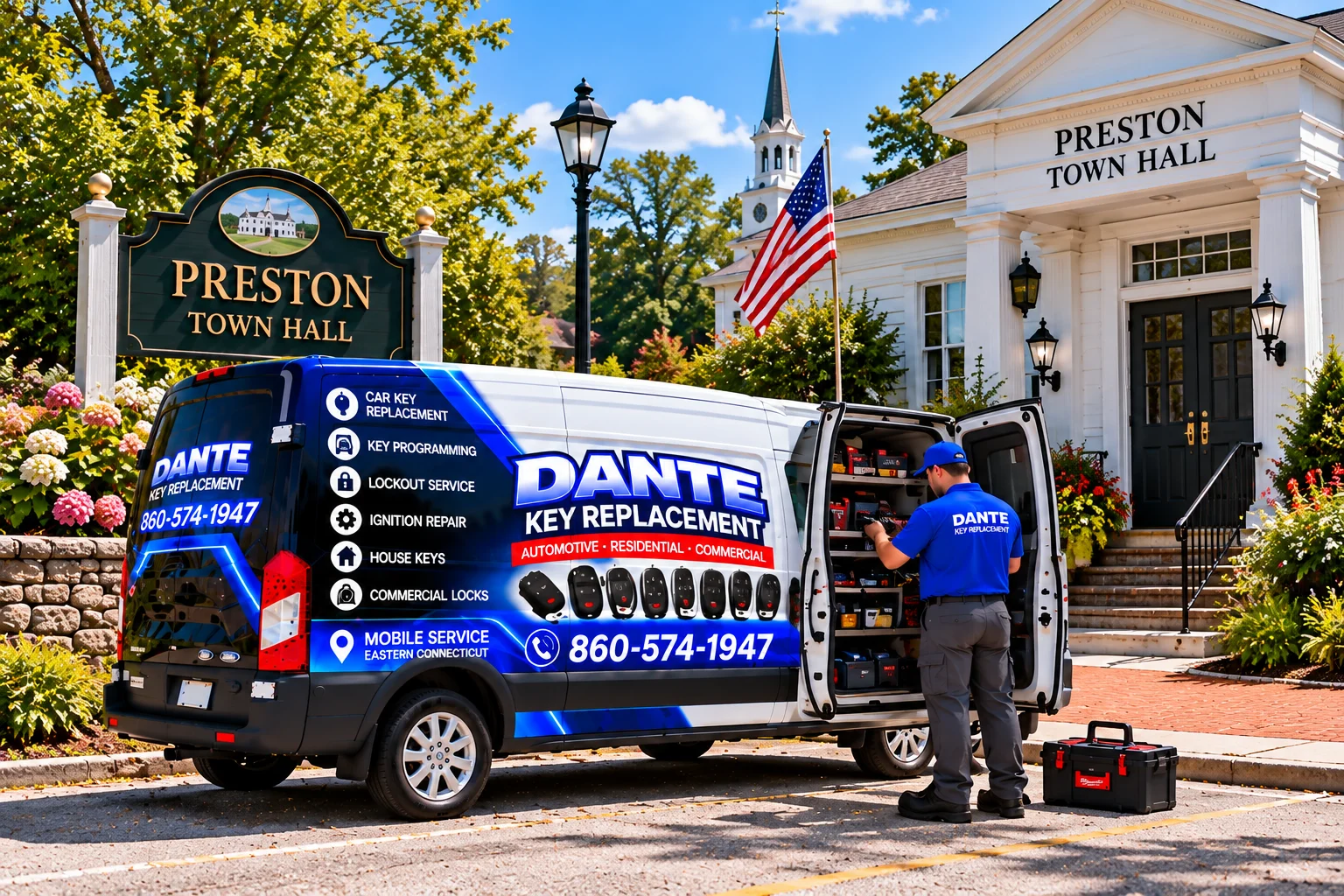 Mobile locksmith service van and equipment providing key replacement in Preston Ed9d16b3, Connecticut.