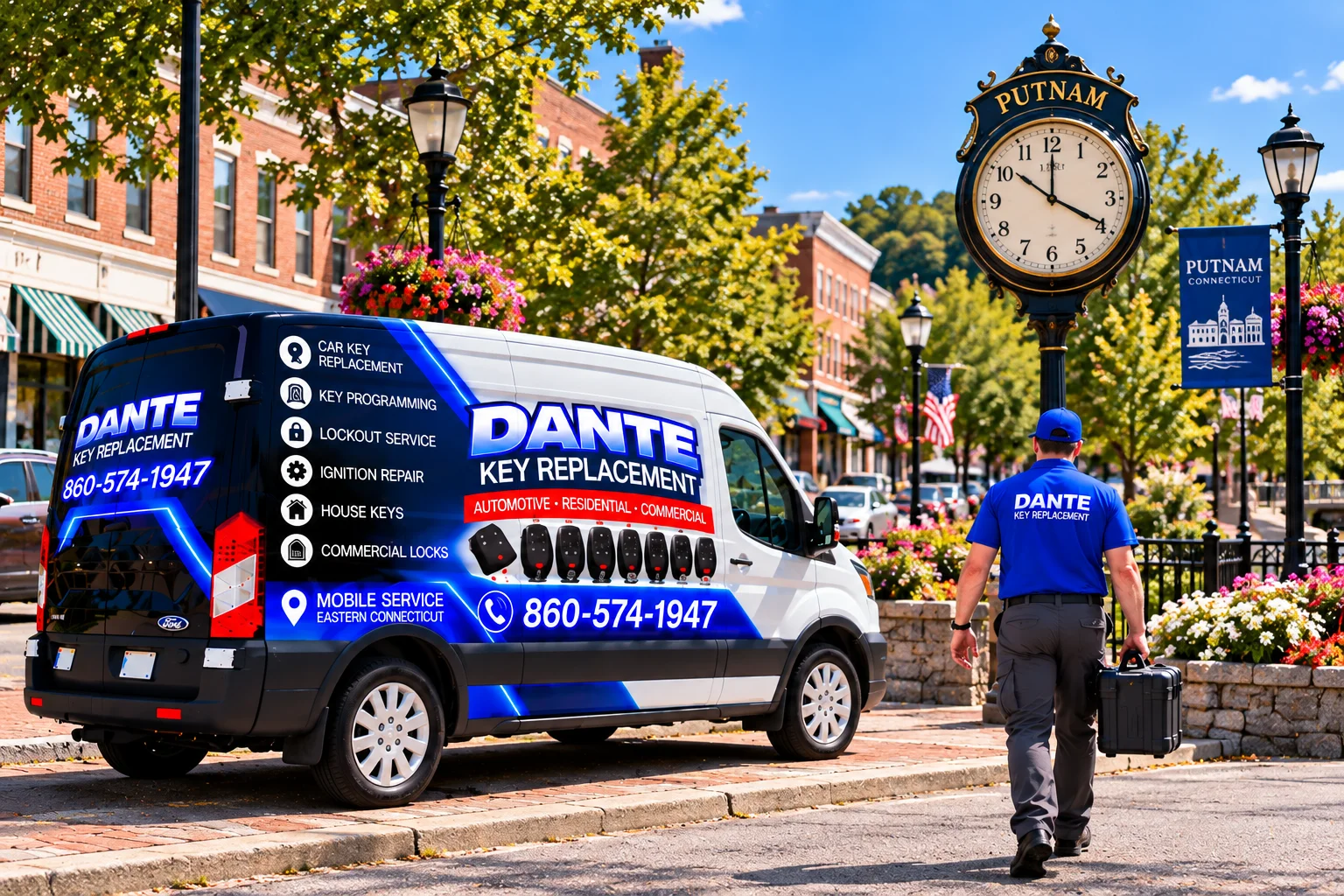Mobile locksmith service van and equipment providing key replacement in Putnam B2d33e57, Connecticut.
