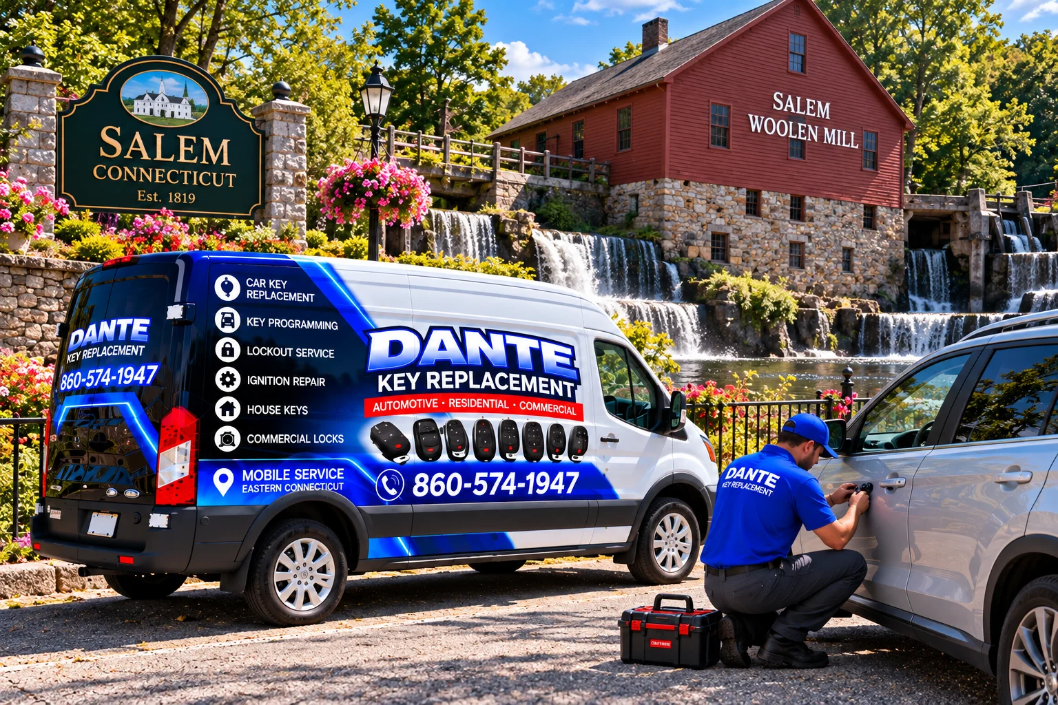 Mobile locksmith service van and equipment providing key replacement in Salem C3095369, Connecticut.
