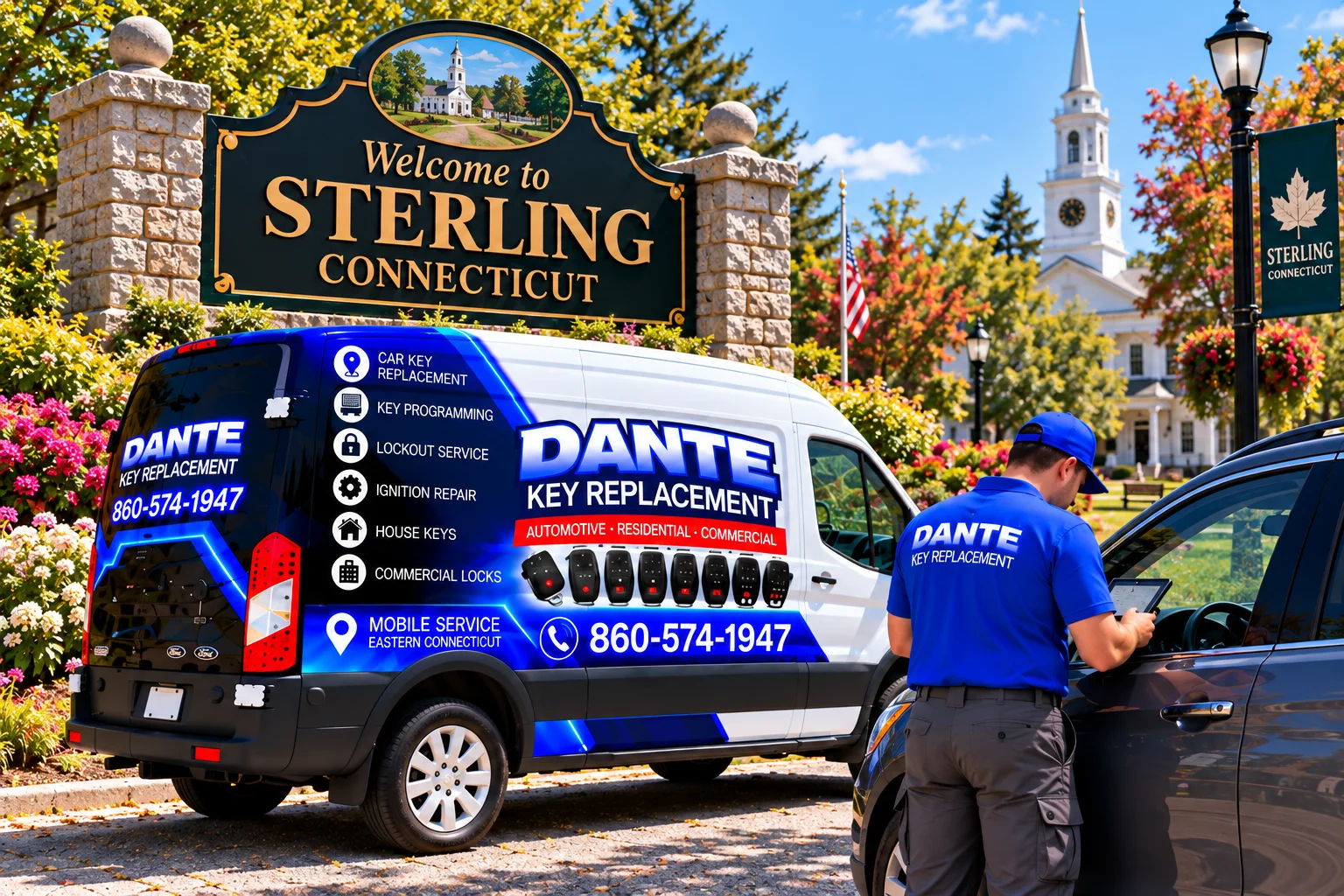 Mobile locksmith service van and equipment providing key replacement in Sterling A65036c3, Connecticut.