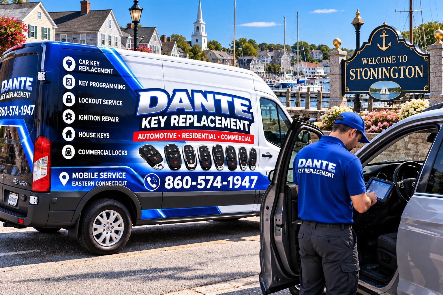 Mobile locksmith service van and equipment providing key replacement in Stonington C2ec3ae9, Connecticut.