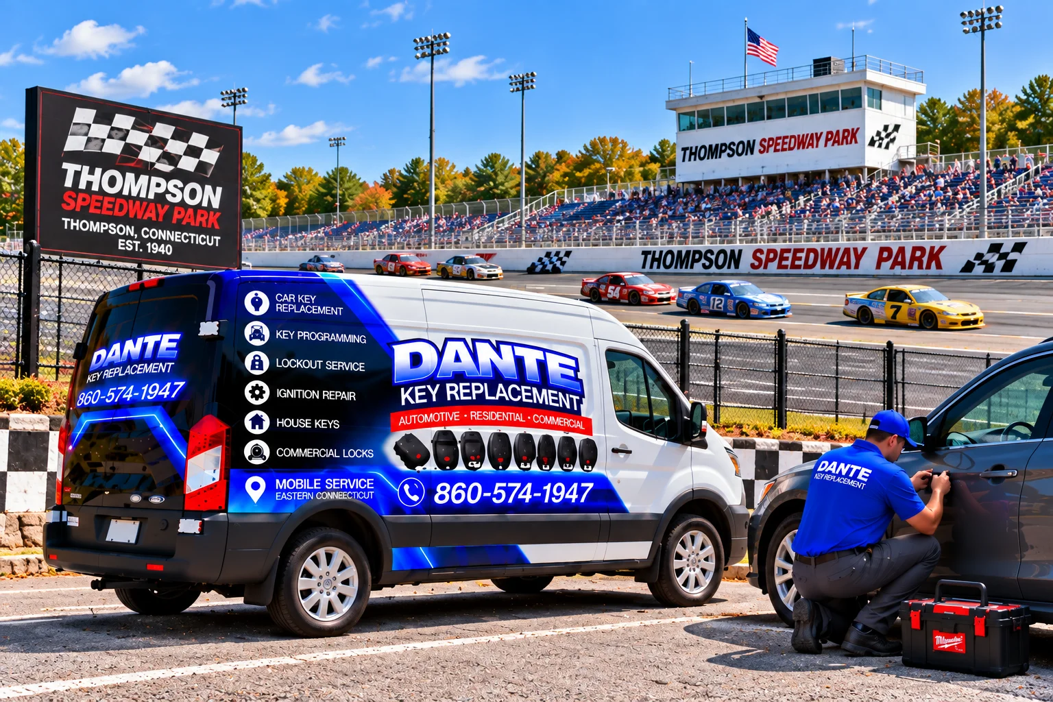 Mobile locksmith service van and equipment providing key replacement in Thompson Dc9e91f2, Connecticut.