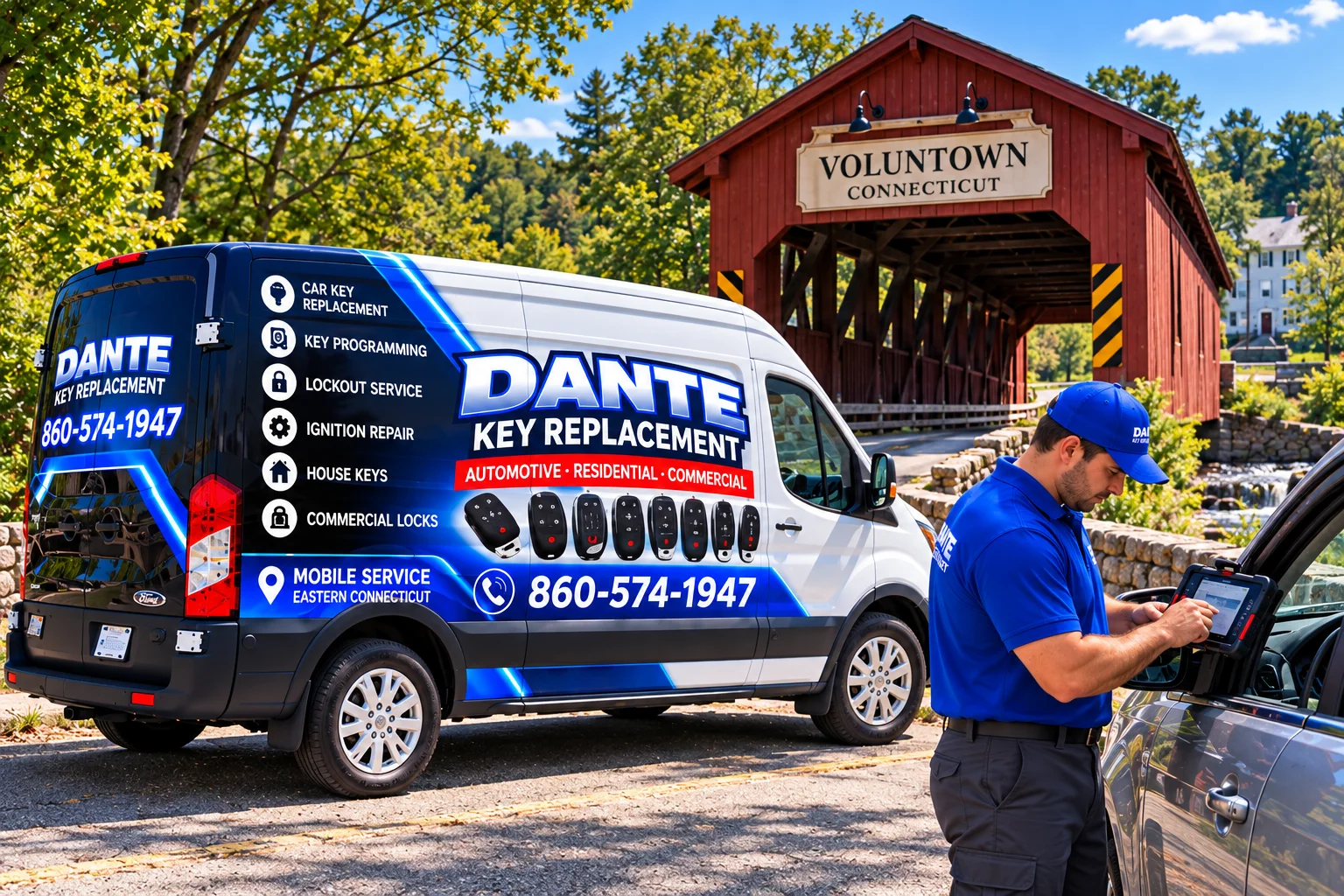 Mobile locksmith service van and equipment providing key replacement in Voluntown C03c478b, Connecticut.