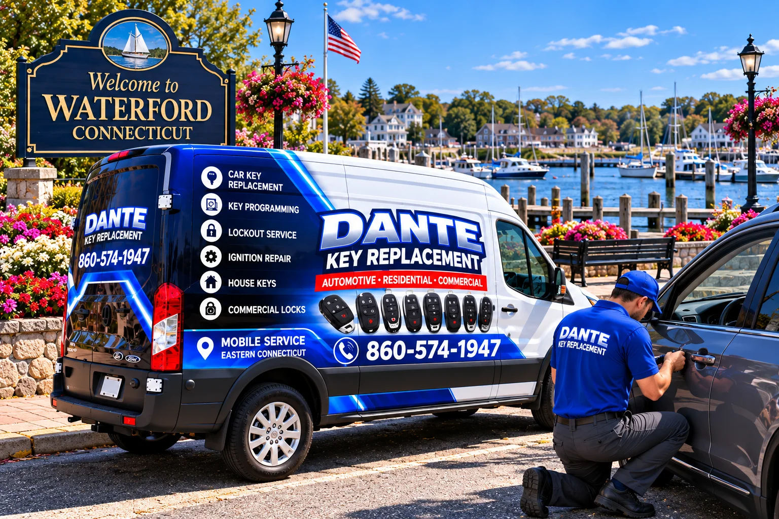 Mobile locksmith service van and equipment providing key replacement in Waterford 0a7f0803, Connecticut.