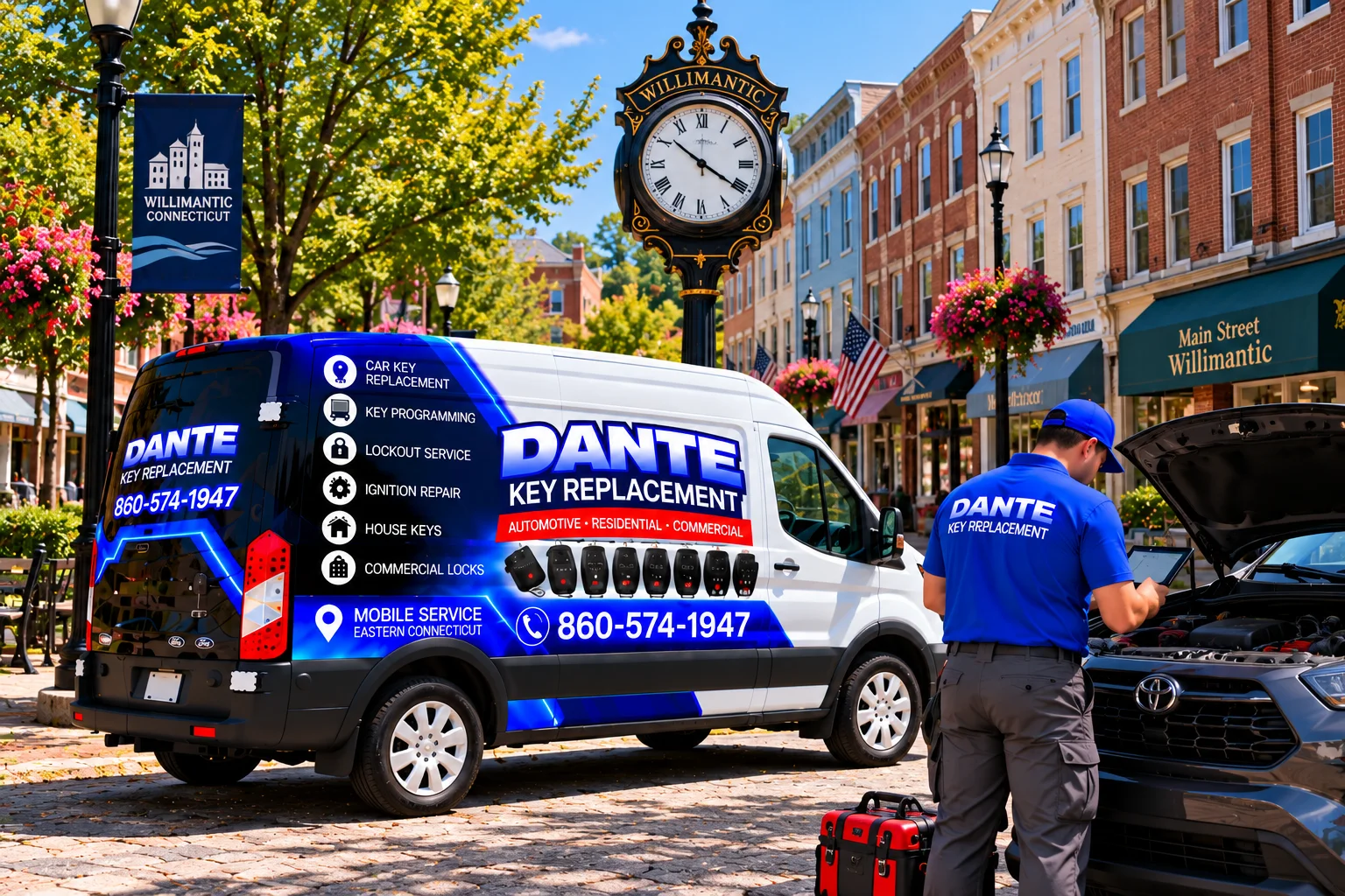 Mobile locksmith service van and equipment providing key replacement in Willimantic C0916394, Connecticut.
