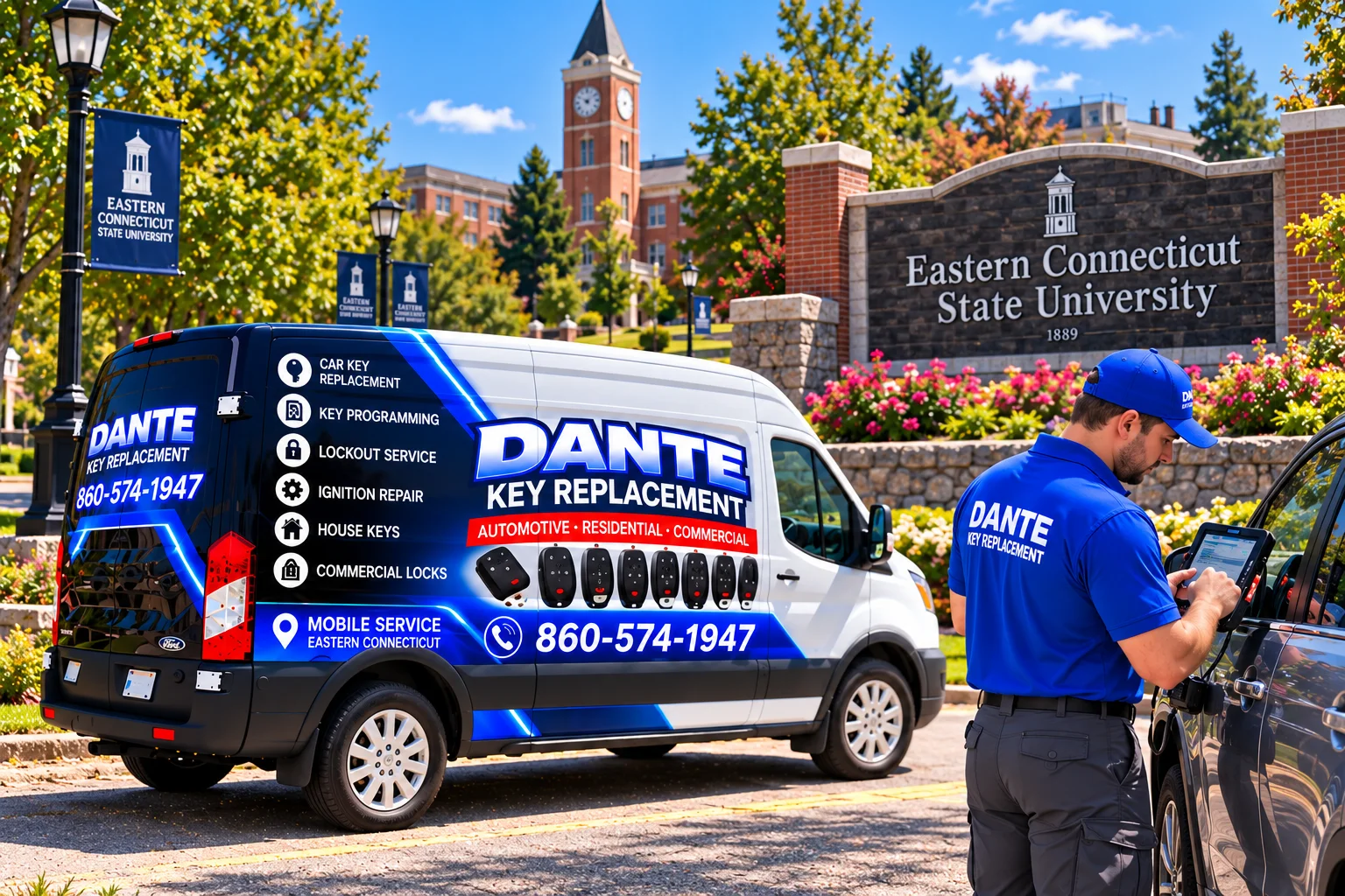 Mobile locksmith service van and equipment providing key replacement in Windham 88f6ebb9, Connecticut.