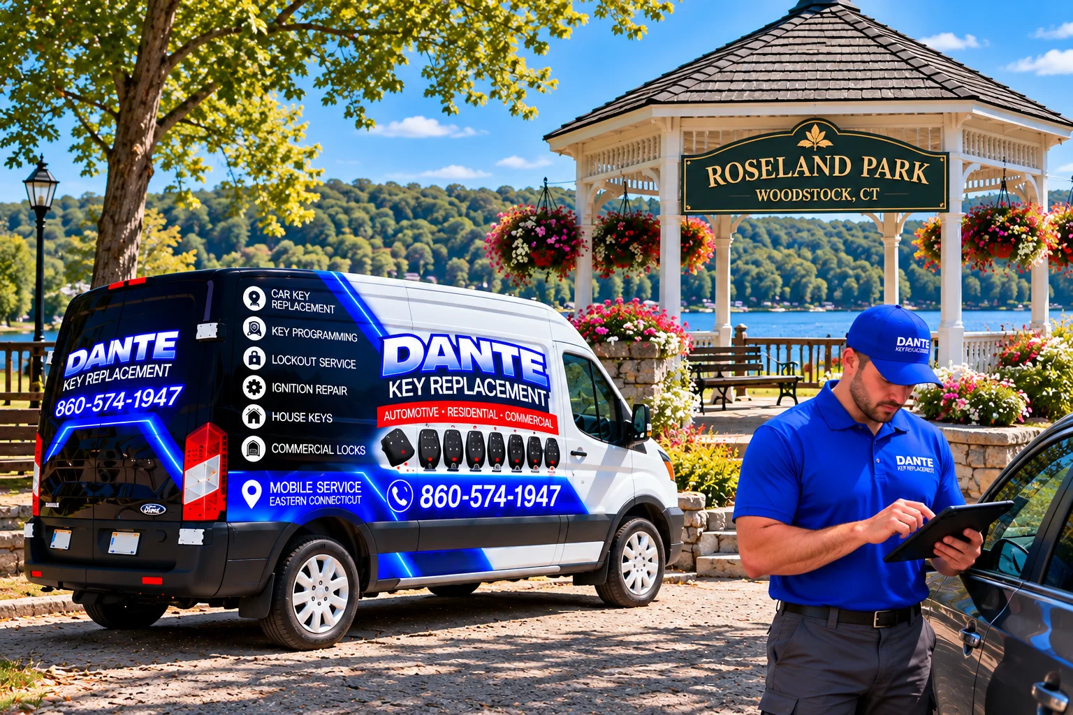 Mobile locksmith service van and equipment providing key replacement in Woodstock 19d3f3ec, Connecticut.