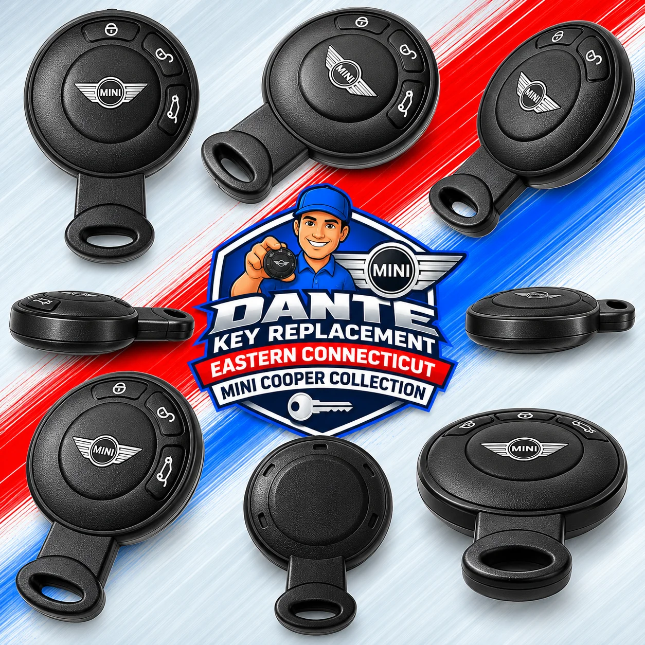 Mini Cooper round key fob and electronic key programming.